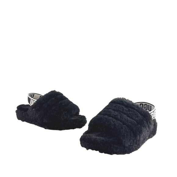 UGG Fluff Yeah Black Faux Fur Strap Logo Slingback Slippers Slides Sandals Sz 6 - Picture 5 of 8